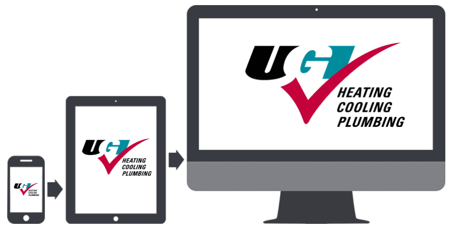 UGI HVAC logo displaying on multiple sized devices - a phone, a table, and monitor