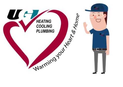 UGI logo with cartoon UGI employee 'Warming your heart and home'